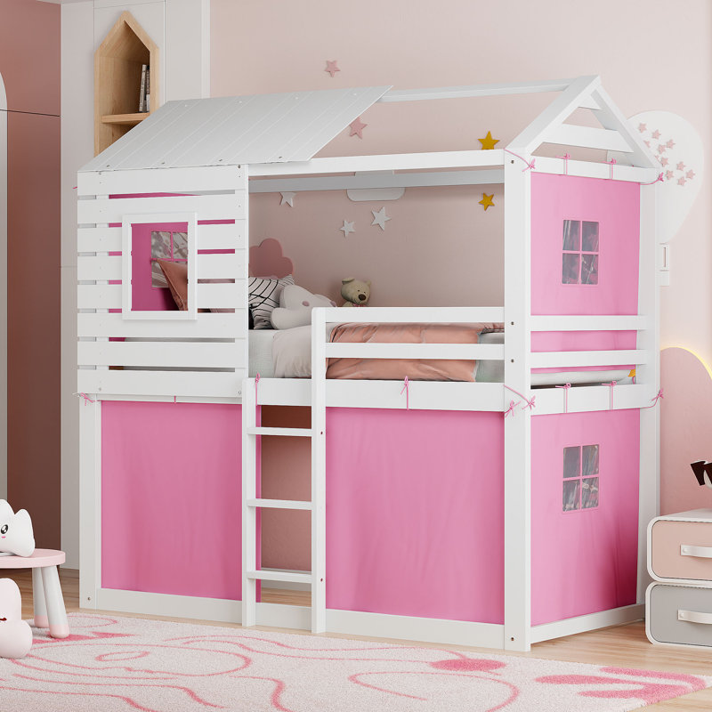 Lit superposé en bois avec tente, Rose/Blanc