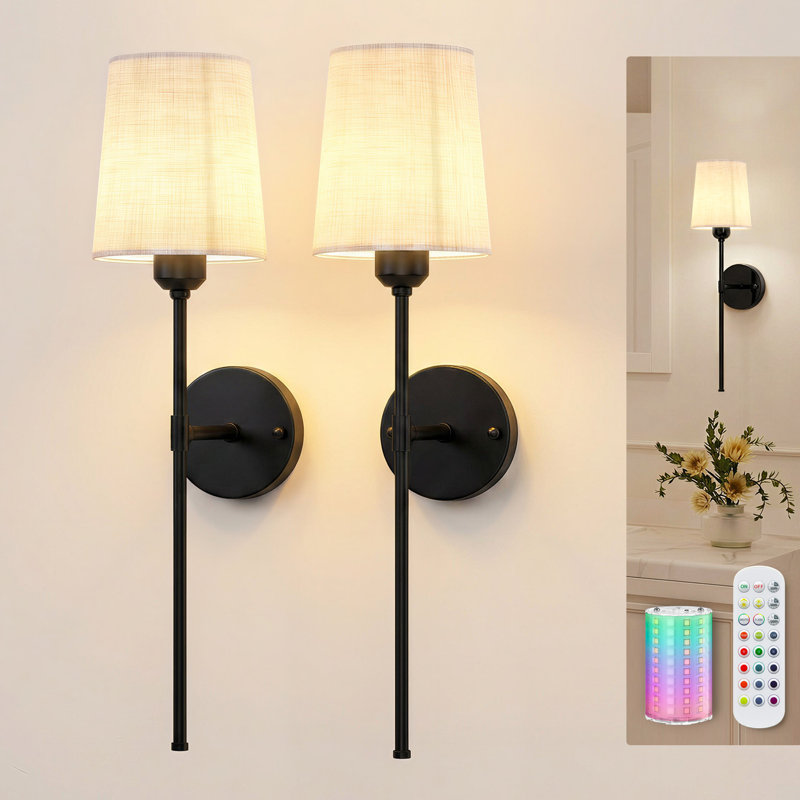  Ensemble d'appliques murales à piles 24 "avec 2 télécommandes, 3 couleurs temps et 12 couleurs RVB, lumières murales rechargeables à intensité variable pour le couloir, la chambre à coucher, le salon, noir
