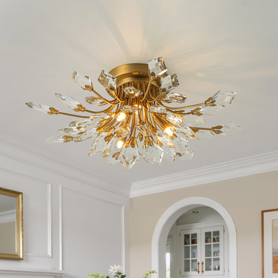 4-Light Modern Sputnik Branching Crystal Glass Leaf Flush Mount
