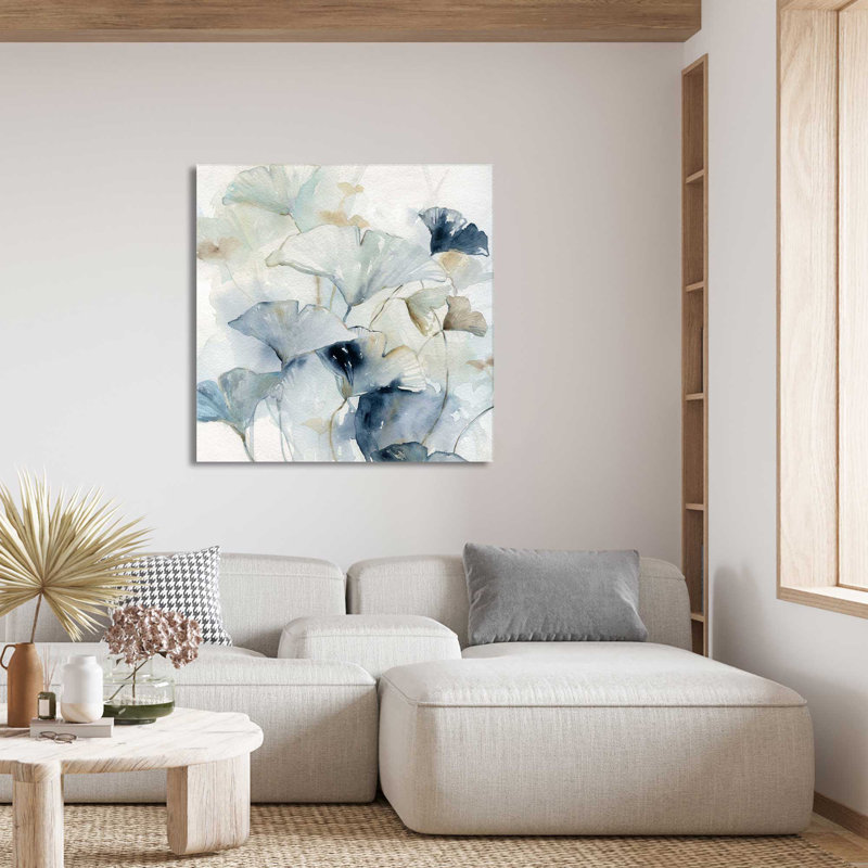 «Indigo Ginkgo I» par Carol Robinson - peinture à cadre unique, L 36 po x H 36 po, Toile tendue