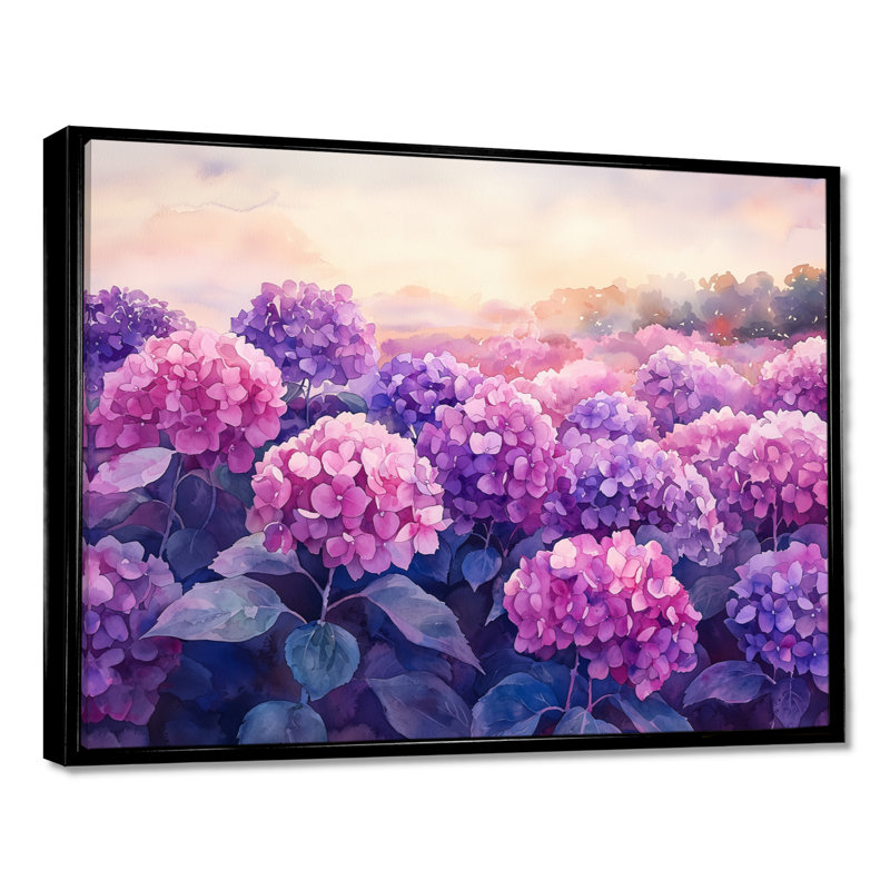 Dorethia Hydrangea Field At Dusk I - Hydrangea Wall Art, 30" H x 40" W, Black, Floater Framed Print