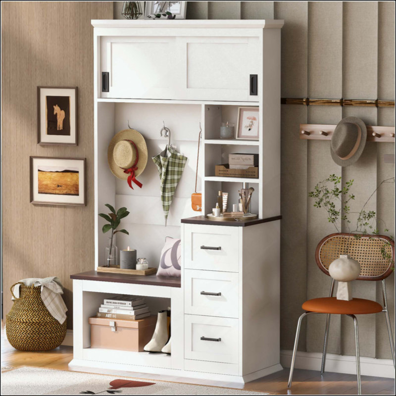 Modern Entryway Bench With Coat Rack, 3 Shelves And Drawers, 3 Sturdy Hooks, Hall Tree With Storage Bench For Hallway, Entryway, Living Room