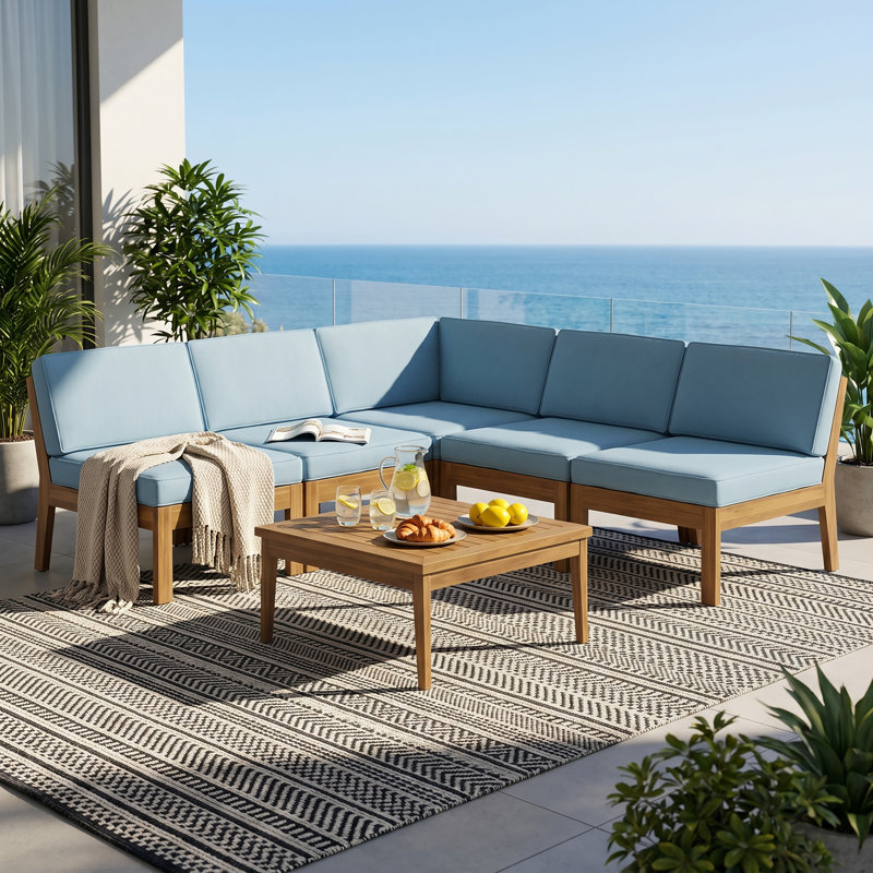 Ensemble de canapés modulaires à 5 places en bois de grenade Acacia, teck et bleu, Blue