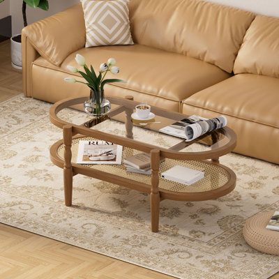 Glass Top Coffee Table with Rattan Shelf