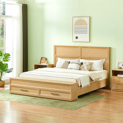 King Size Bed With 3D Geometric Headboard & Storage Bench - 4-Drawer Storage, Modern Bedroom Furniture,Oak.