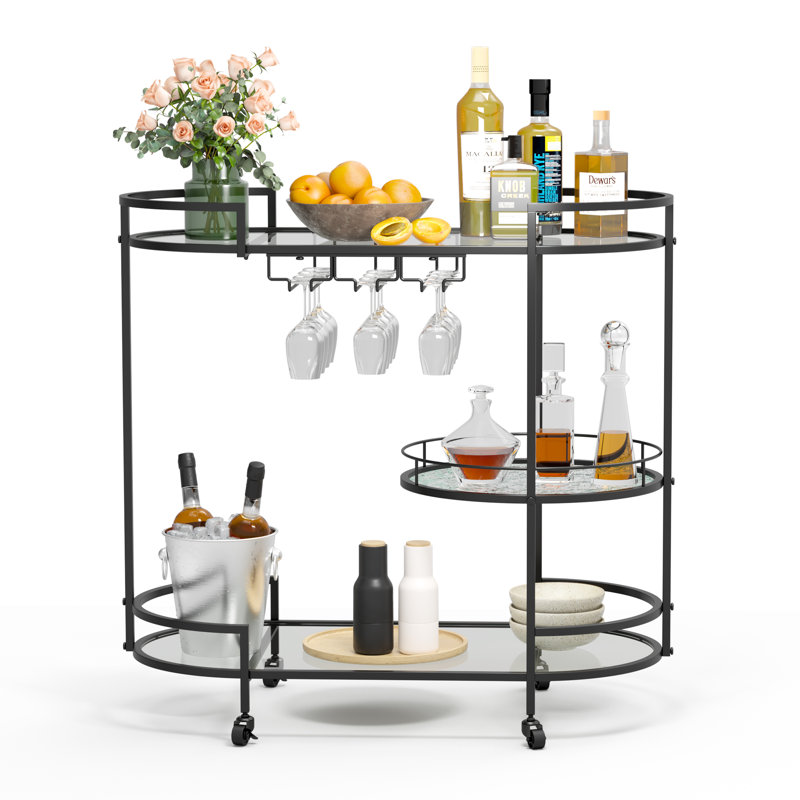 Mirror Shelf Metal Bar Cart, Black
