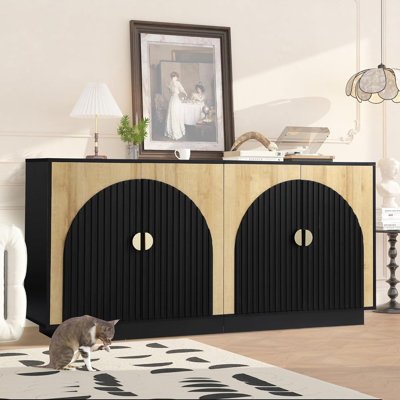 Symmetrical Reeded Buffet Cabinet, 65" Fluted Mid-century Modern Sideboard With Storage & Adjustable Shelves, Credenza Console Table As Coffee Bar & Tv Stand For Dining Living Room