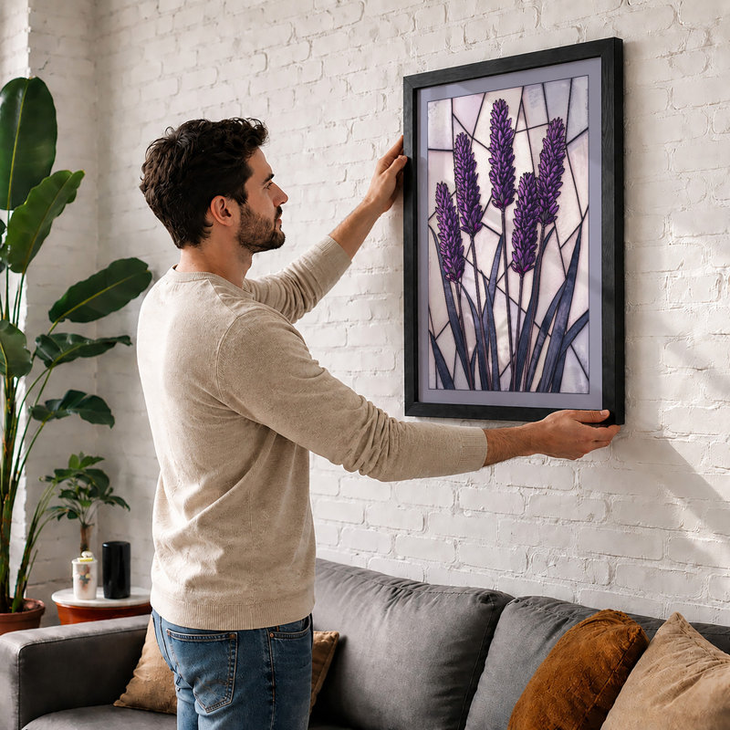 Lavender Grid Botanical - Framed Print, Oak, A4 - 29.7 x 21.0 cm