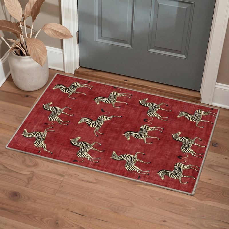 Aldovin Savanna Animal Print Machine Washable Red Indoor Area Rug with Non-Slip Backing, Rectangle 5' x 7'
