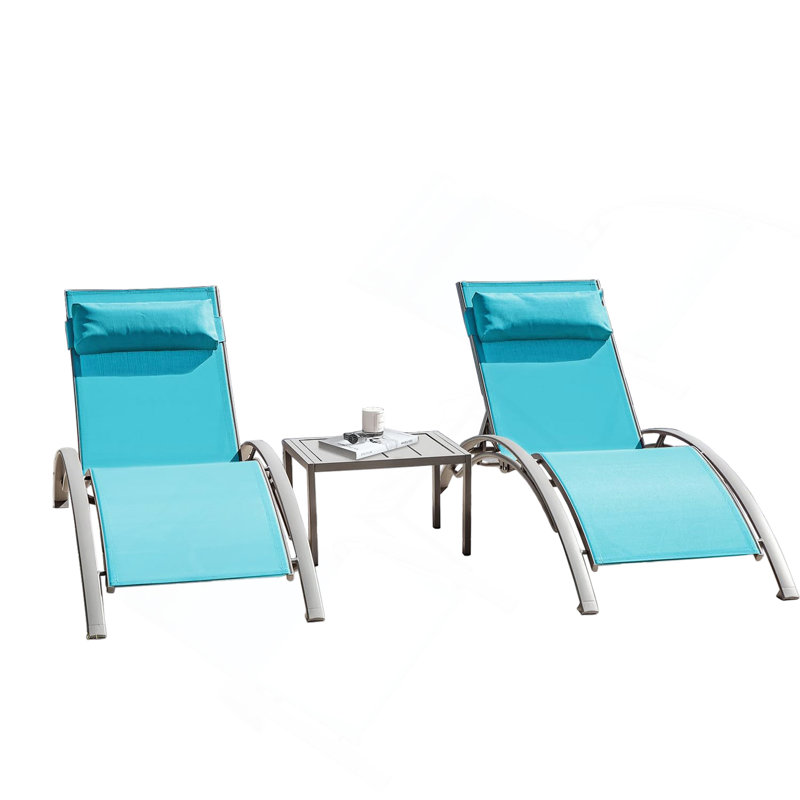 Ensemble de 3 chaises longues pour piscine, Bleu lac