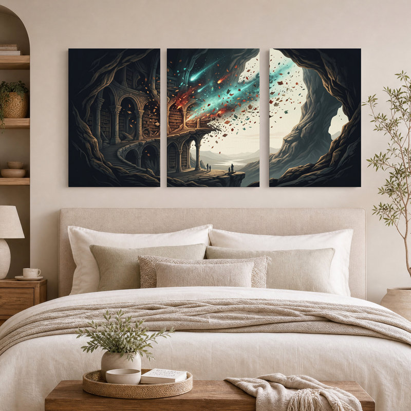 Bibliothèque fantastique avec livres volants et montagne - Ensemble de 3 toiles murales, 18"H x 12"W x 3pcs