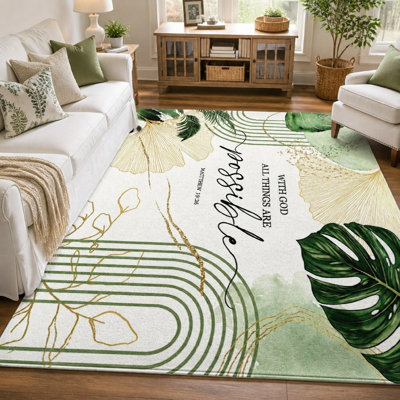 1Pcs Botanical Monstera Leaf and Ginkgo Print - Arches géométriques abstraites, accents de paillettes dorées, Écritures de motivation «All Things Are possible with God» Matthew 19:26, tapis doux à poils courts lavables pour le salon, la chambre à coucher, la salle à manger et la maison