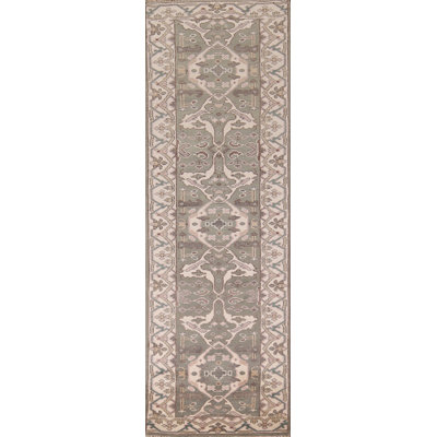Tapis de couloir oriental vert et ivoire All-Over Oushak 3 x 10
