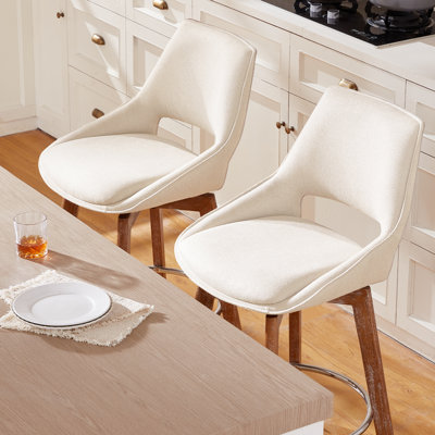 Tabourets de bar pivotants à hauteur de comptoir, ensemble de 2 tabourets de bar de couleur beige 27 po, pieds en bois massif, tissu confortable, convient aux îlots de cuisine
