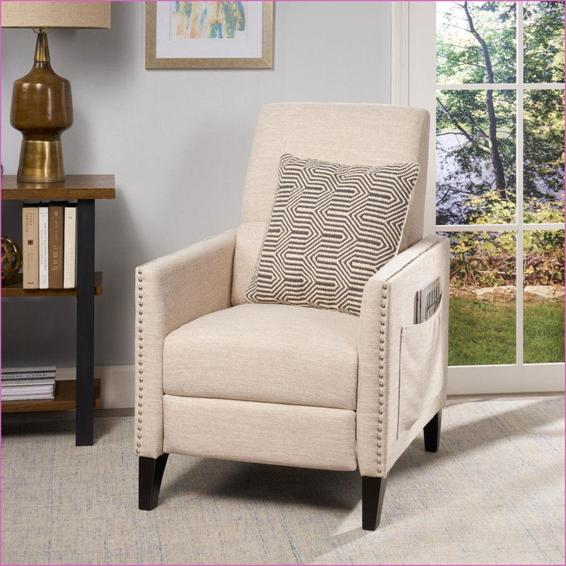 Mid-Century Fabric Recliner Chair with Side Pocket and Rivet Detailing, Beige