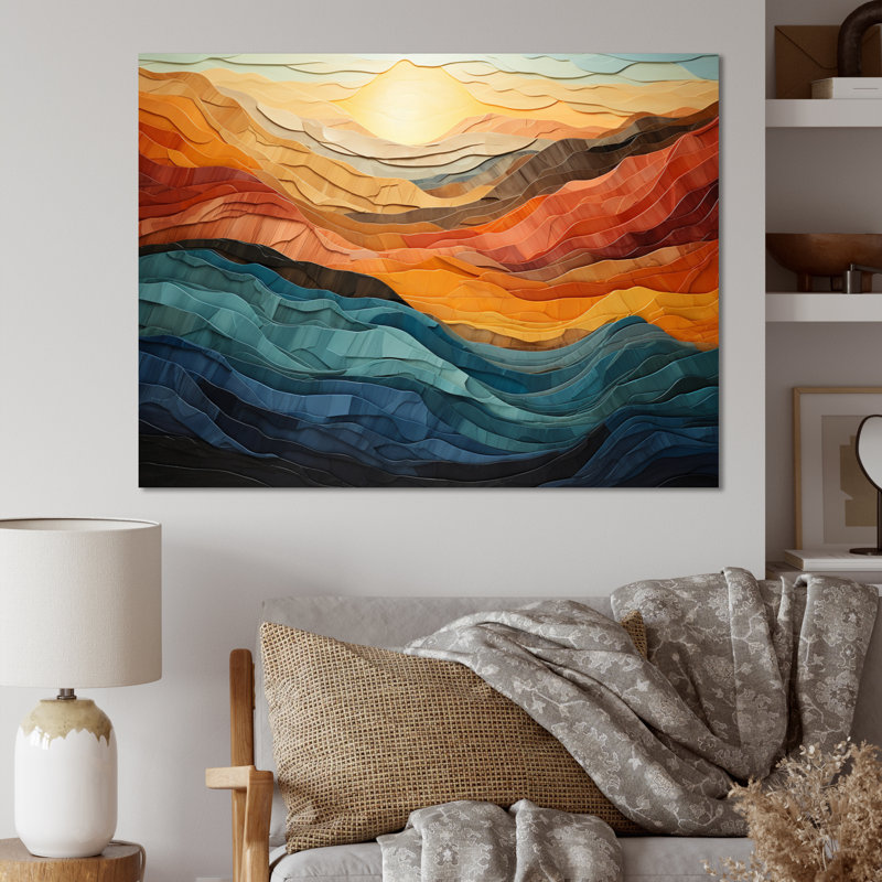 Coral Teal Bold Mountains Landscape - Mountain Wall art - Bold Valley Wall art Decor, 34" H x 44" W, Wrapped Canvas, No Frame