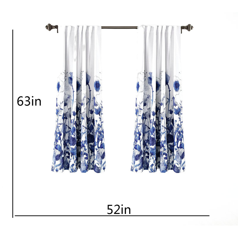 Navy Floral Room Darkening Polyester Window Curtain Panels
