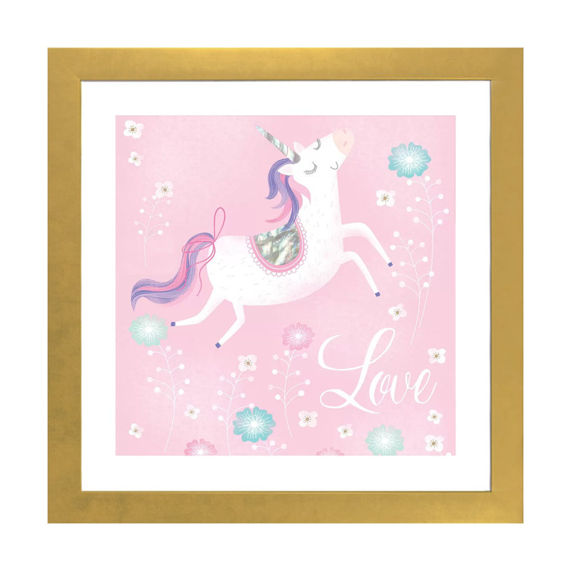 «Love Unicorn» par Sophie Hanton - impression d'art graphique, Blanc, H 16 po x l 16 po x p 1 po, Papier encadré doré