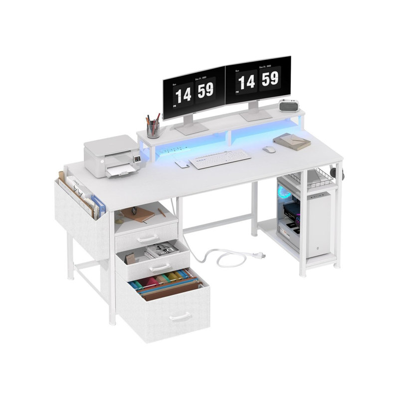 White Computer Desk With File Drawers Cabinet, Writing Study Gaming Desks With Monitor Stand Shelves For Home Office
