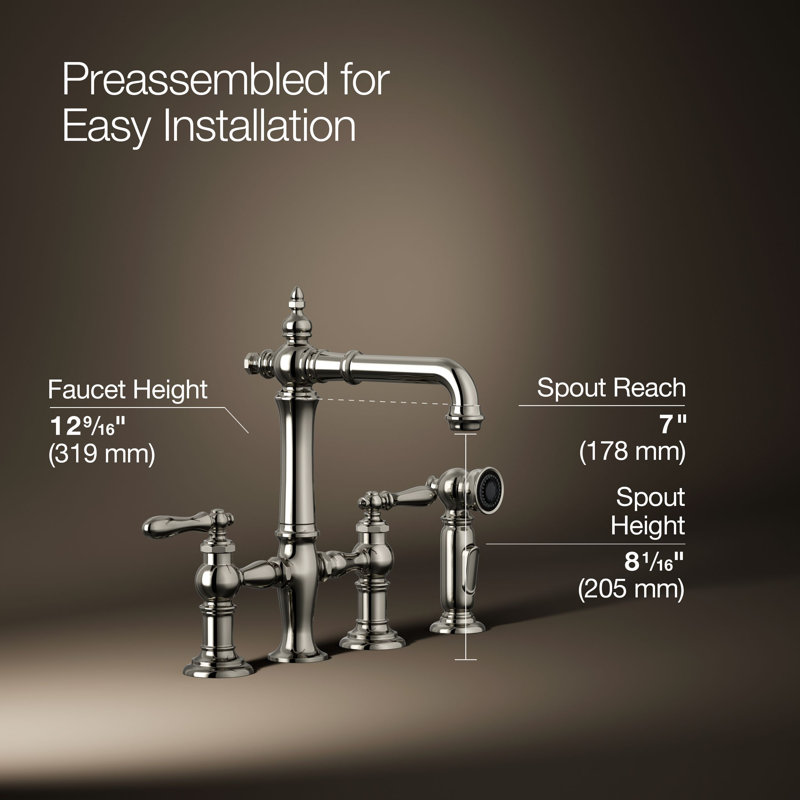 Artifacts® Bridge Faucet with Side Spray, Vibrant Polished Nickel, Lever Handle