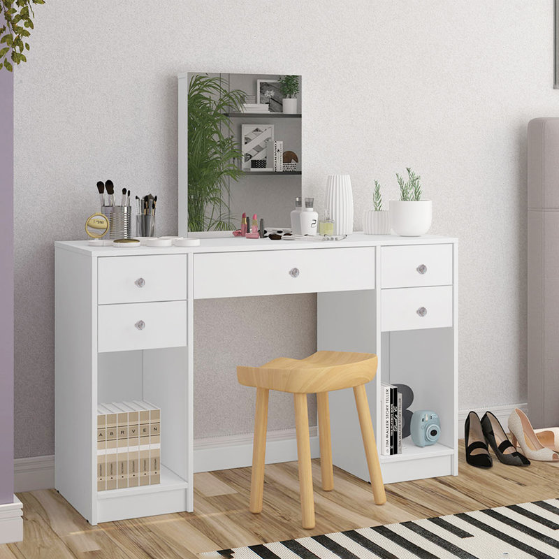 Christina Modern White Vanity Desk with Mirrored Center & Storage