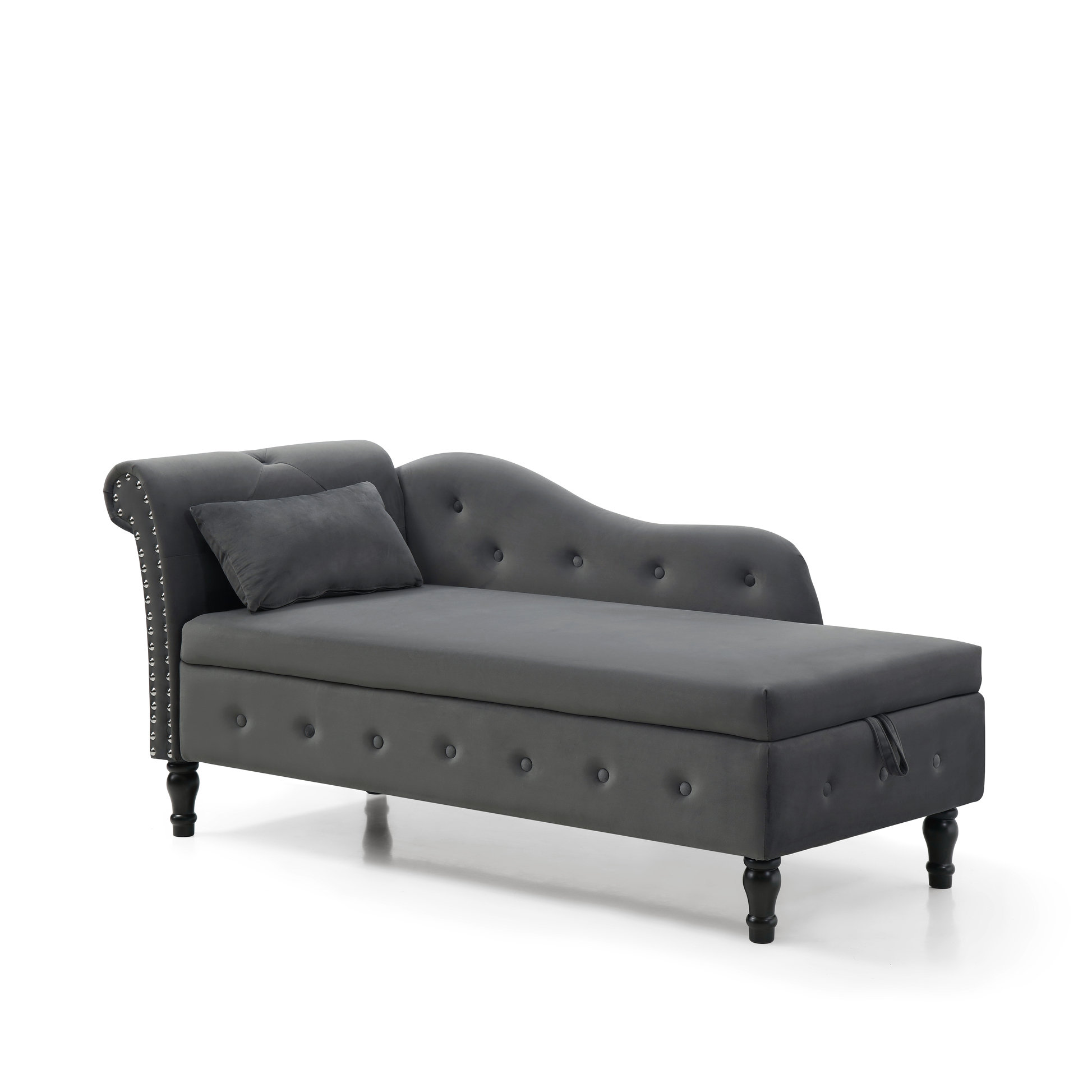 Ebern Designs Grey Velvet Chaise Lounge With Solid Wood Legs And ...