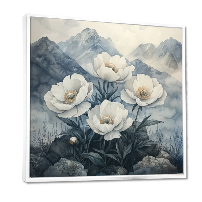 Goldena pivoines dans les montagnes brumeuses II - pivoines, art mural, H 16 po x l 16 po, Impression encadrée flottante