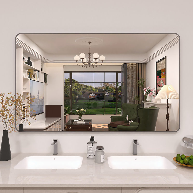 Lucha Gray Framed Wall Mounted Bathroom Vanity Mirror with Tempered Glass, 60" x 36", Gray