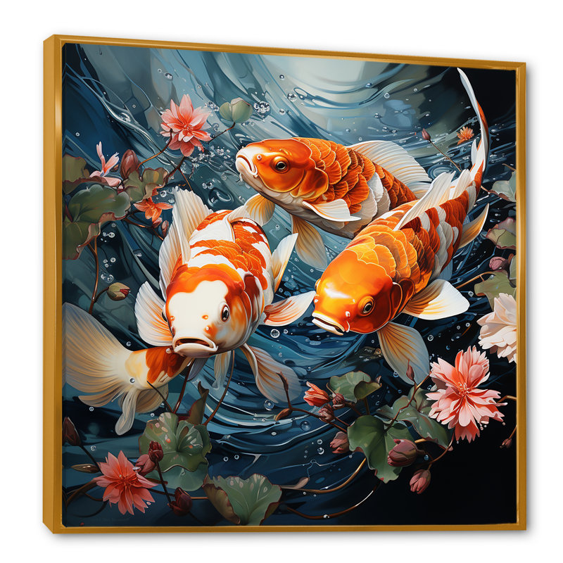 «Orange Tranquil Koi Pond Oasis», art mural Chine, Cadre flottant doré, H 16 po x l 16 po x P 1 po