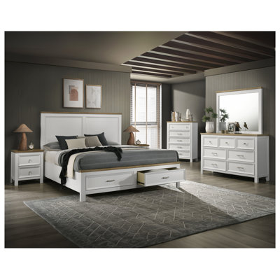 Ensemble de lit plateforme 3 pièces avec deux tables de chevet, meubles de chambre en bois massif au fini blanc et brun