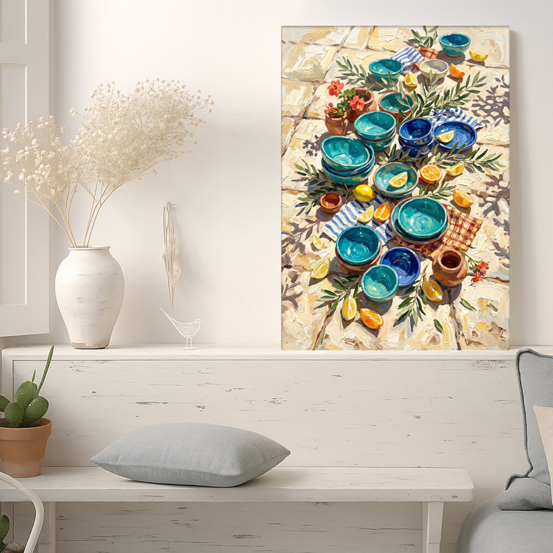 Art mural sur toile en céramique bleue avec citrons oranges et branches olive, H 30 po x l 20 po