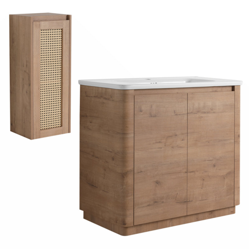 Meuble-lavabo autoportant avec lavabo en céramique et 2 portes et armoire latérale, emballage KD, contreplaqué, 36"