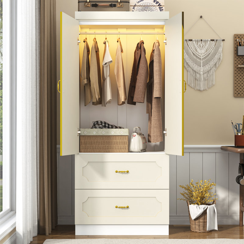 74.8" Led Wooden Armoire Wardrobe With 2 Drawers, Spacious Clothing Storage Cabinet With Hanging Rod & Doors For Bedroom