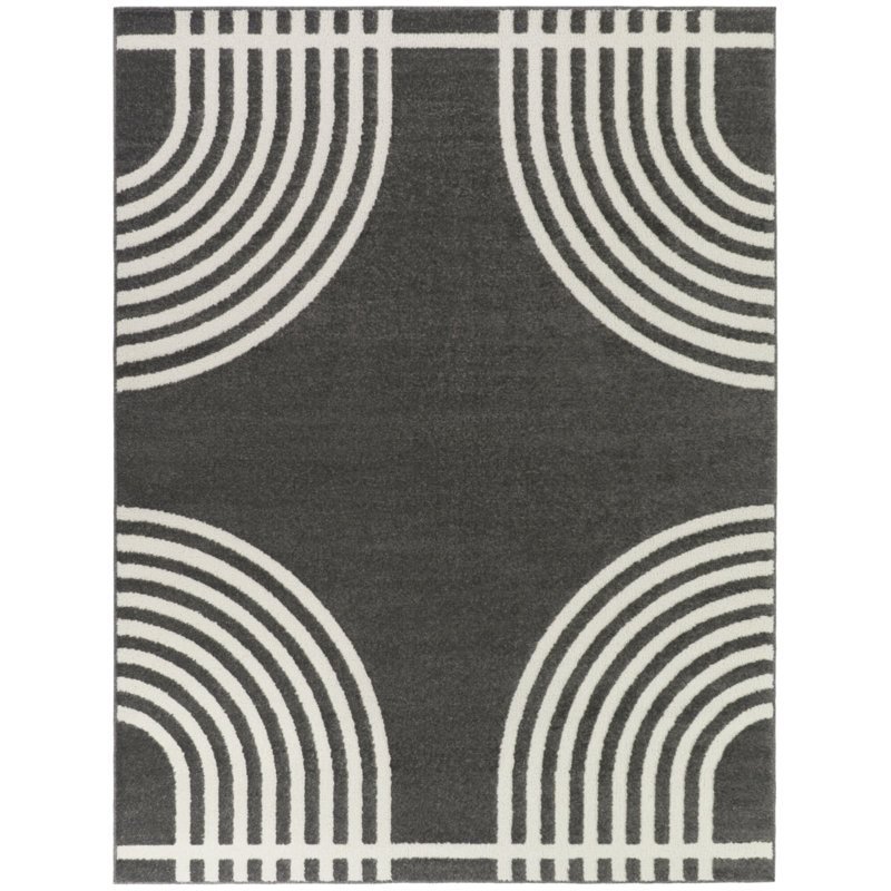 Ferry Black/White Arched Mid-Century Modern Area Rug, Rectangle 5'3" x 7'