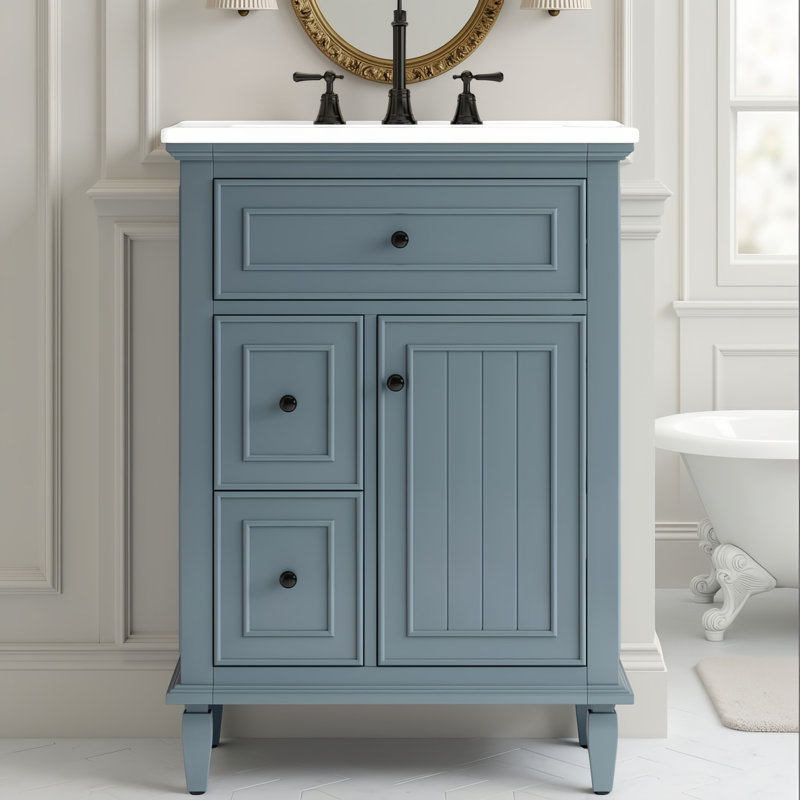 24"W Free-Standing Single Bathroom Vanity Set With Ceramic Sink, Solid Wood Frame, Storage Cabinet With Tip-Out Tray & 2 Drawers,2 Doors