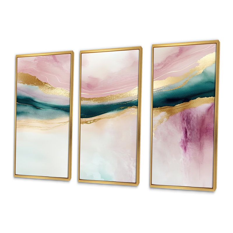 Géode abstraite rose et marbre vert IV - 3 pièces sur toile, H 28 po x l 36 po x P 1 po, Cadre flottant doré