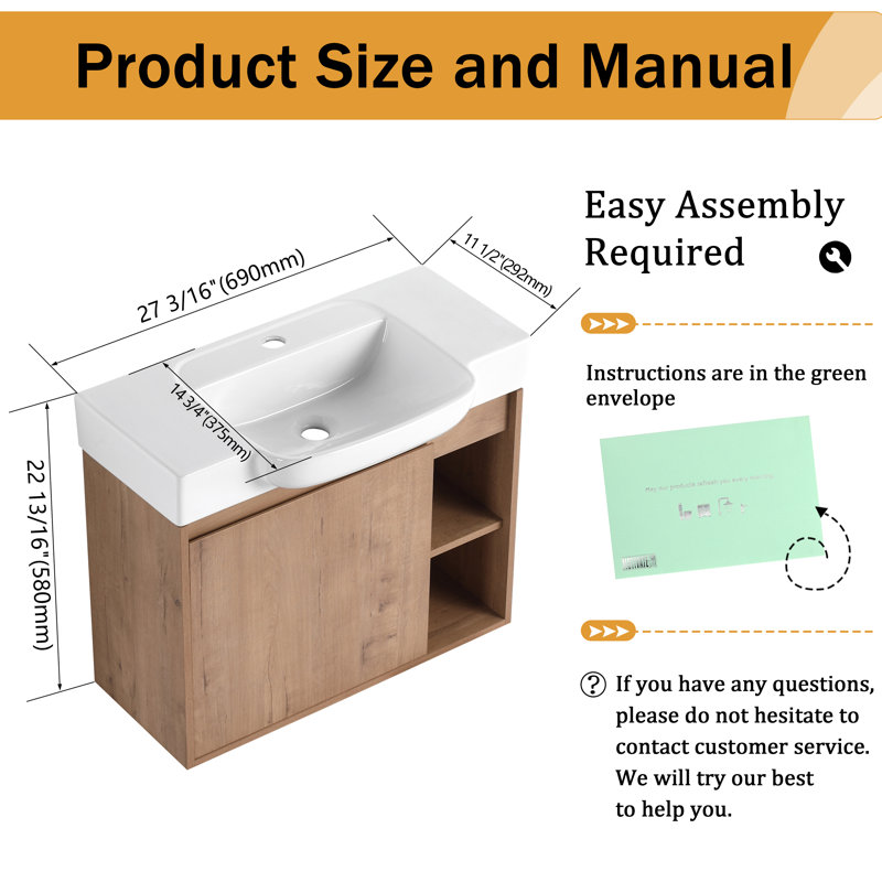 Meuble-lavabo mural simple 28 po avec comptoir en céramique Marnar, 28"