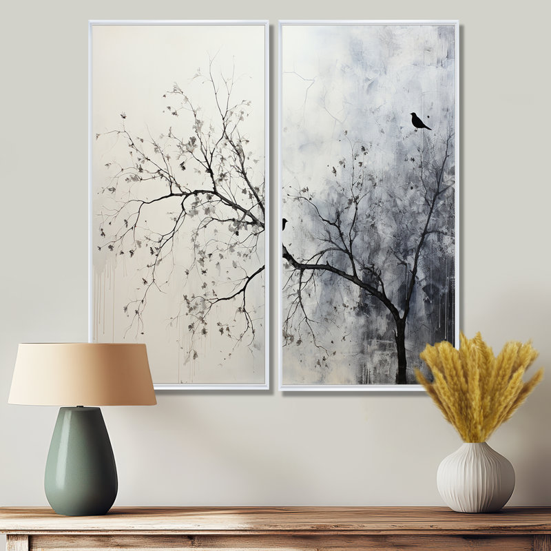 Art mural sur toile, arbres monochromes minimalisme sur une branche II, H 32 po x l 32 po, Blanc