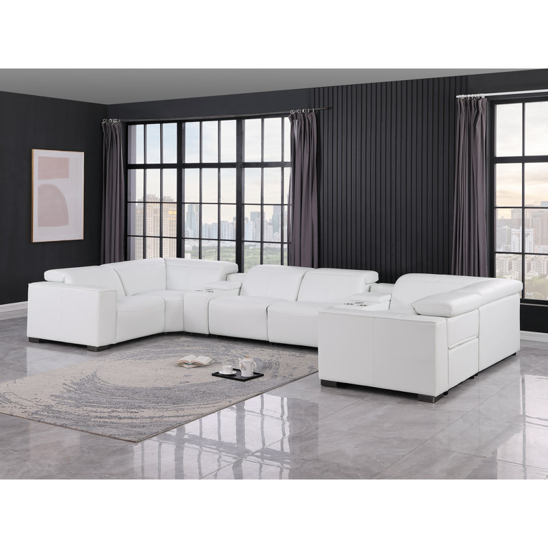 Hawthorne Luxurious 8-Piece 4-Power Reclining Genuine Leather U-Sectional With Power Headrests, White