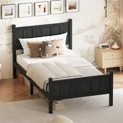 Twin Size Flat Panel Bed with Headboard & Footboard, Minimalist Modern Platform Bed with Wood Grain Finish, Shaker and Farmhouse Style Design, Sleek and Functional Bedroom Furniture,Black