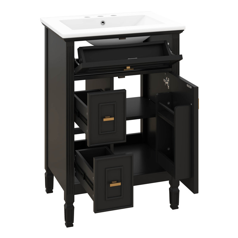 Ensemble de meuble-lavabo 24 po avec lavabo, armoire autoportante avec tiroir inclinable, 2 tiroirs, tablette réglable et support de rangement