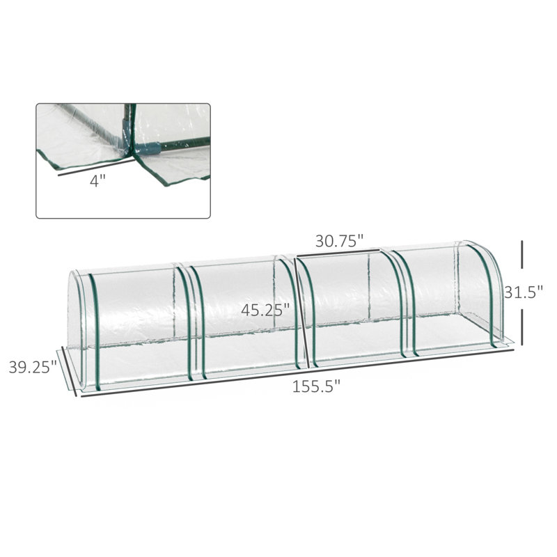 Outsunny Mini Greenhouse, Portable 13' L X 3' W X 2.5' H Tunnels, 4 Roll-Up Zip Doors, UV Waterproof PVC Cover, Steel Frame, Green