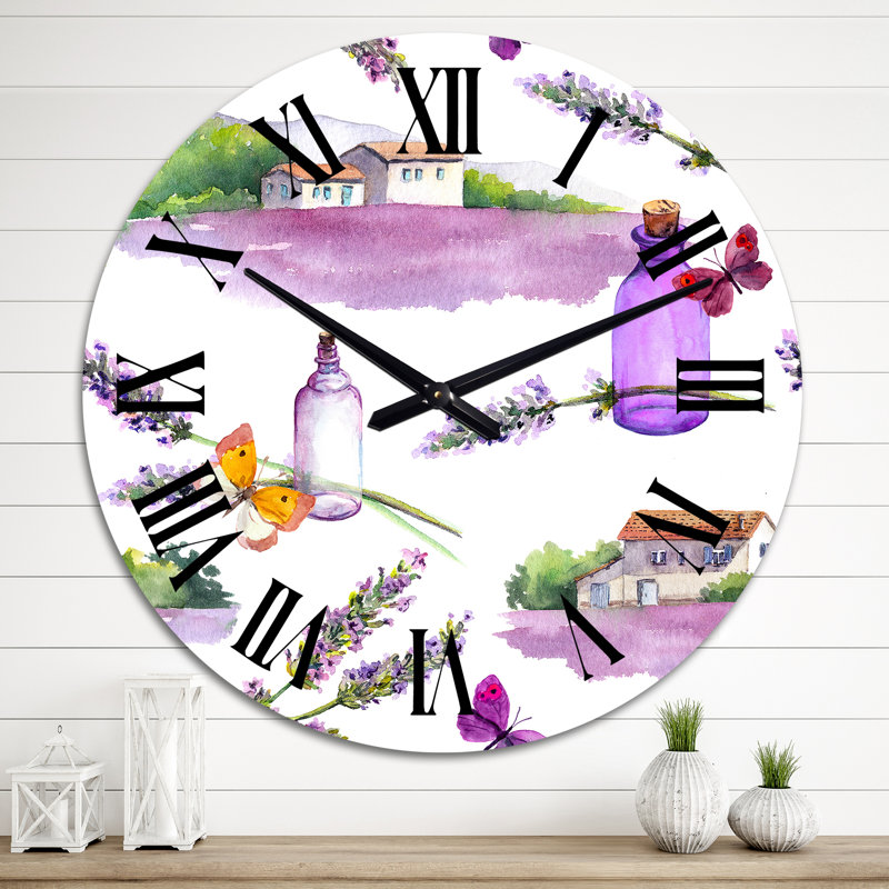 Fleurs de lavande avec des bouteilles d'huile de parfum - Horloge murale Country, Grand