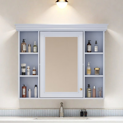 35'' X 28'' Blue Wall Mounted Bathroom Storage Cabinet With Mirror Door, Modern Bathroom Wall Cabinet With Mirror, Medicine Cabinet With 6 Open Shelves