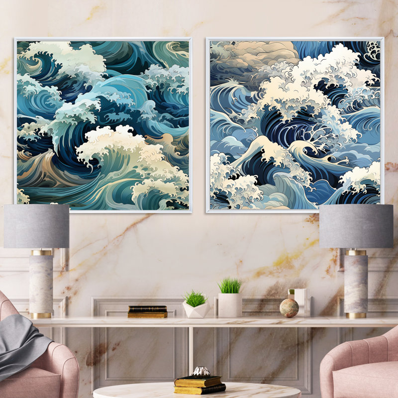Motif de vagues japonaises Hokusai - ensemble de 2 collages nautiques et carrés, Cadre flottant blanc, H 36 po x l 73 po