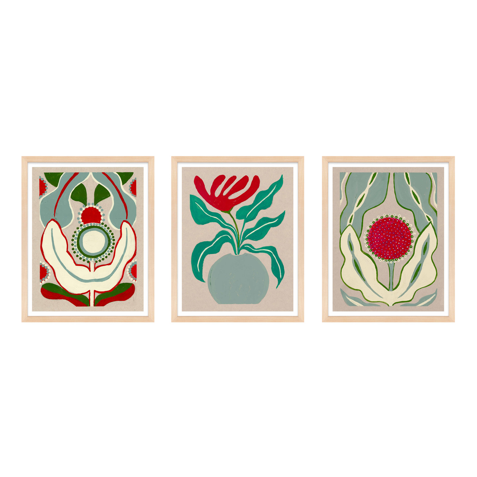 Magical Flowers 3-Piece Print Set, Maple Framed Paper, 38" H x 30" W x 1.25" D