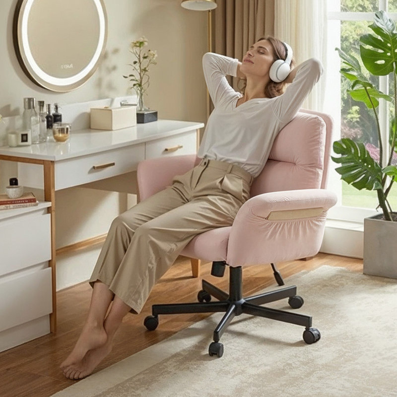 Pink Velvet Cross-Legged Office Chair with Flip-up Armrests, Swivel Criss Cross Executive Desk Chair with 2 Side Pockets, Modern Vanity & Computer Chair with Wheels