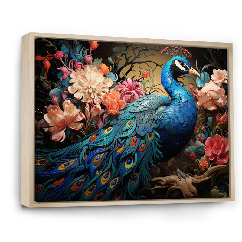 Teal Peacock Parade II - Animals Canvas Art Print, H 30 po x l 40 po x P 1,5 po, Cadre naturel flottant