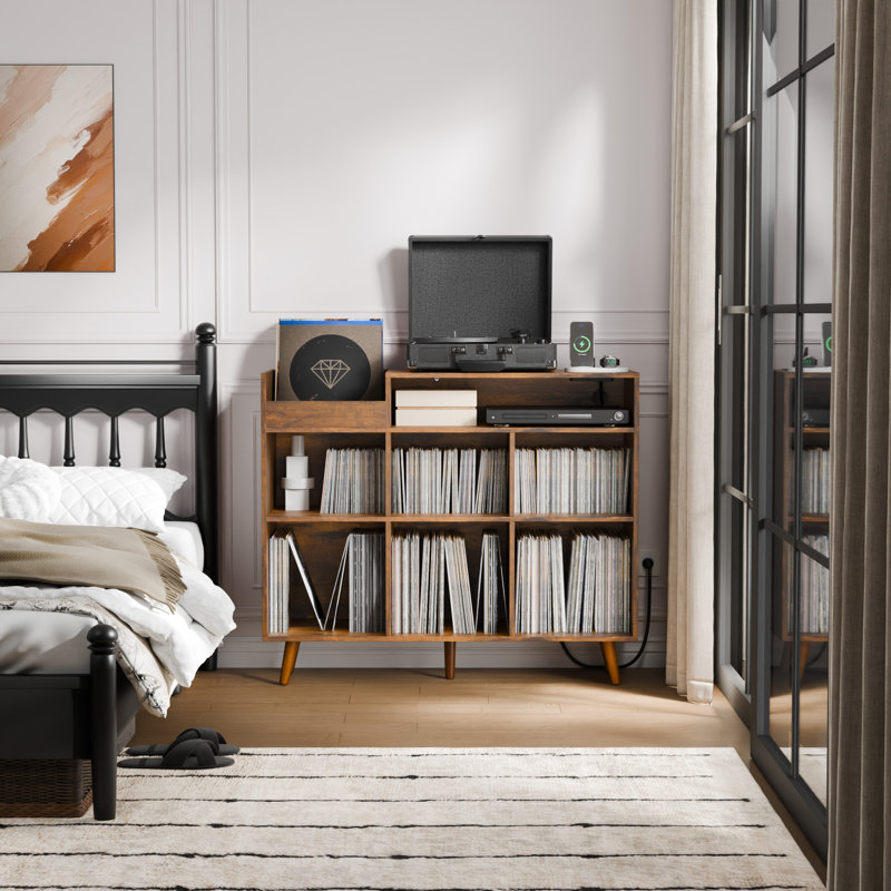 Meher 45'' W Record Player Stand with Charging Station and Media Shelves, Rustic Brown