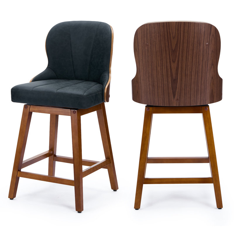 Swivel Bar Stools Set of 2 Mid Century Modern Faux Leather Upholstered Counter Height Barstools,Kitchen Island Wooden Bar Chairs,25-Inch Armless Counter Stools with Wood Back and Legs